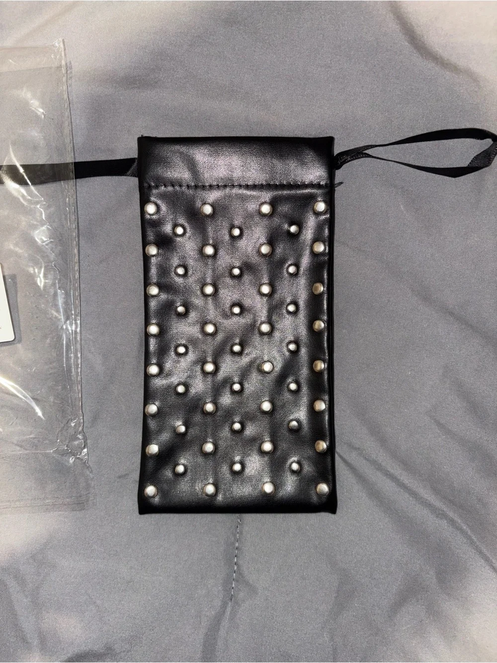 Black Studded Faux Leather Drawstring Sunglasses  Pouch